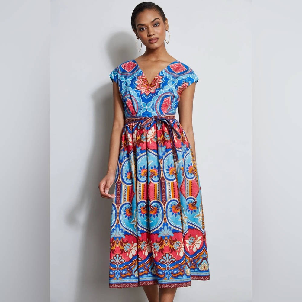 NWT Elie Tahari size 12 tapestry floral cotton midi dress with matching belt